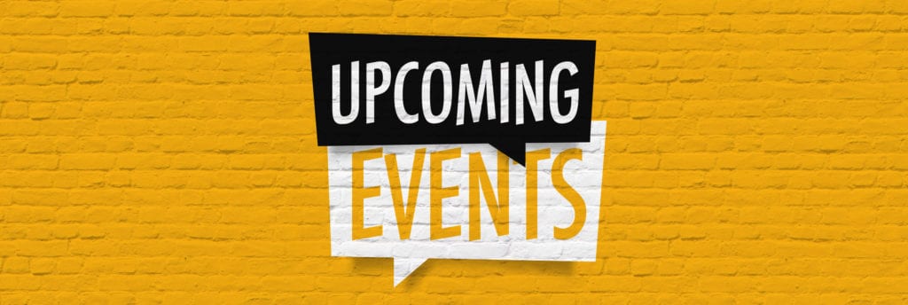 word bubble with words "upcoming events" on yellow background