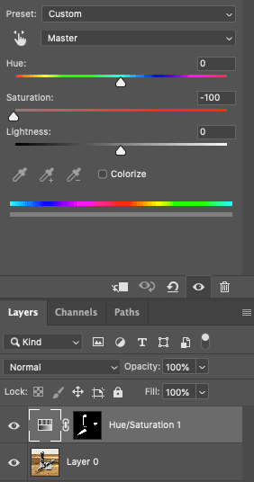 hue/saturation adjustment layer with saturation set to -100