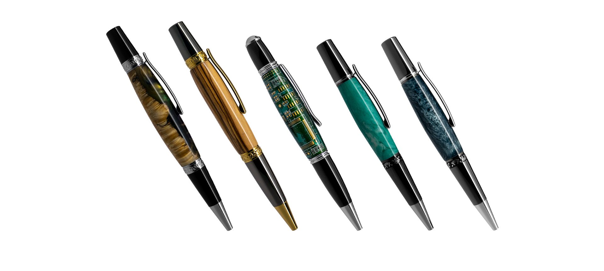 5 hand turned pens in a row